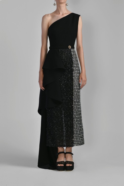 Shop Saiid Kobeisy One Shoulder Crepe Beaded Dress In Black