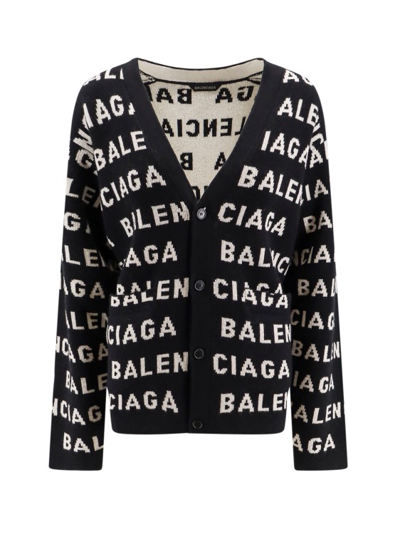 Shop Balenciaga Wool Cardigan With Allover Logo Intarsia In Black
