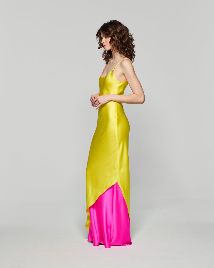 Serena Bute Double Layer Slip Dress - Bright Yellow/pink In Yellow