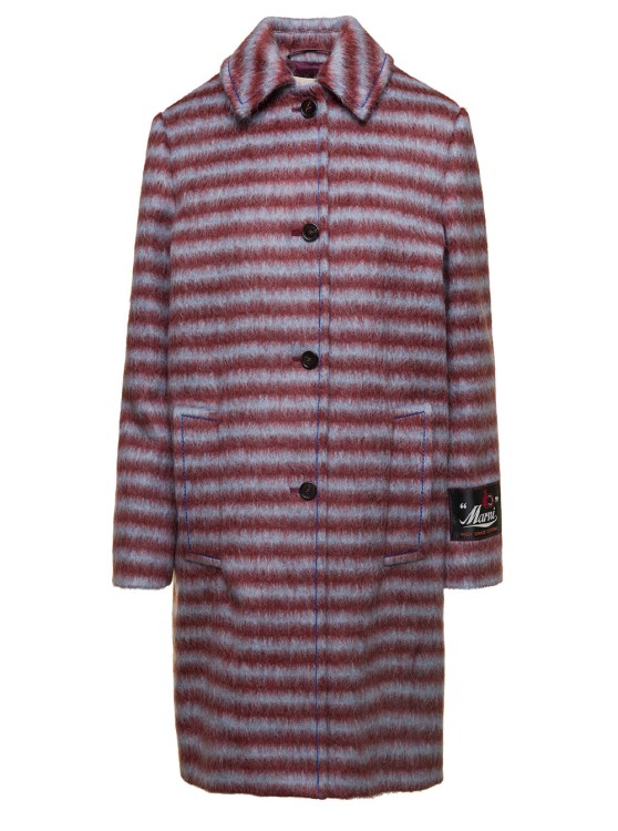 Marni Brushed Striped Single-breasted Coat In Burgundy