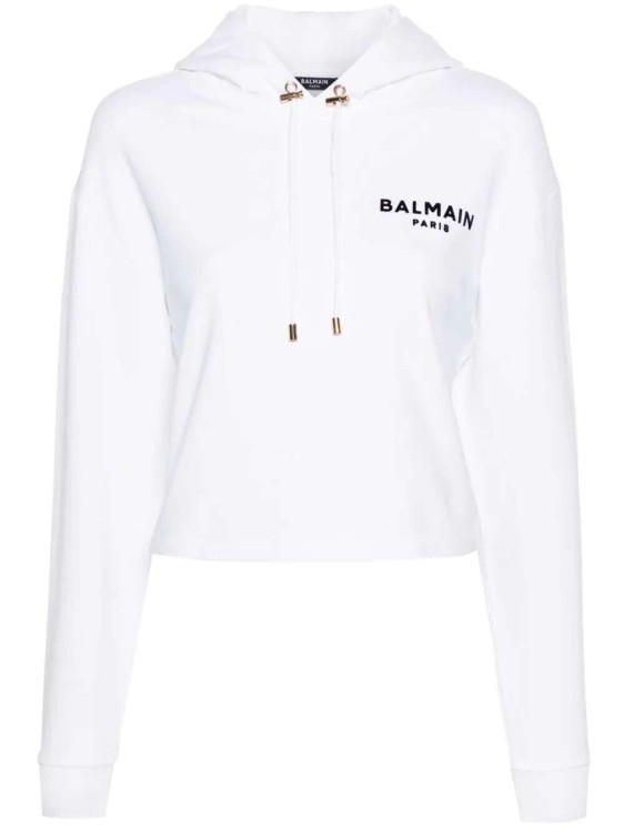 Shop Balmain Blanc Flocked-logo Cropped Hoodie In White