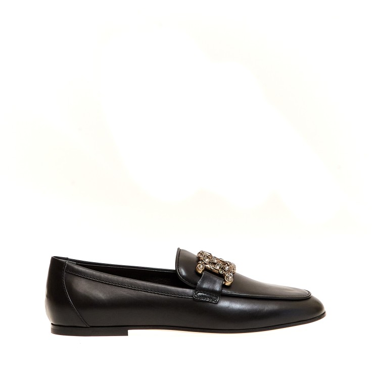 Shop Tod's Black Leather Moccasin With Rhinestone Buckle