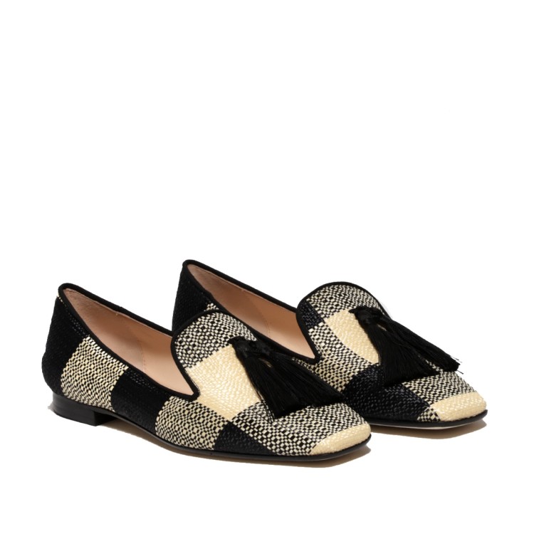 Prosperine Ivory Black Checkered Raffia Slipper With Silk Tassels In Black
