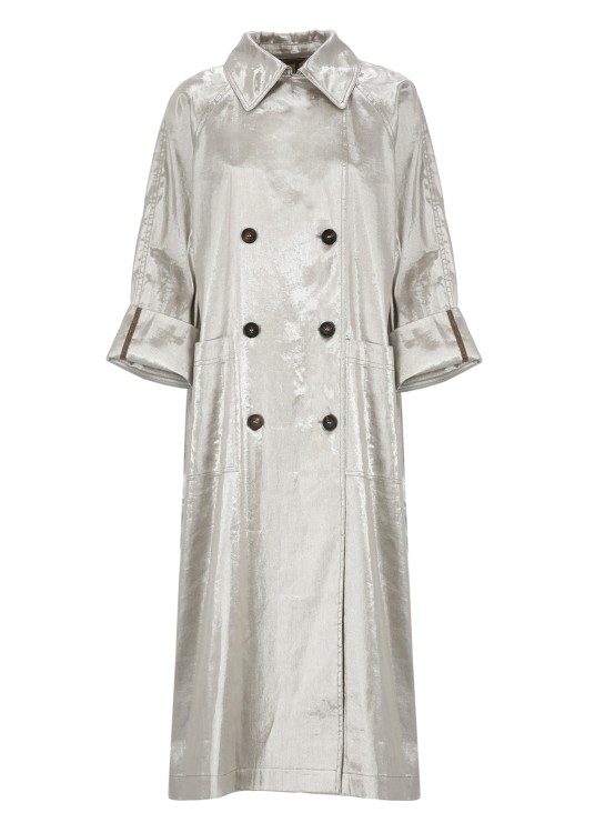Brunello Cucinelli Metallic Linen Double-breasted Long Trench Coat In White
