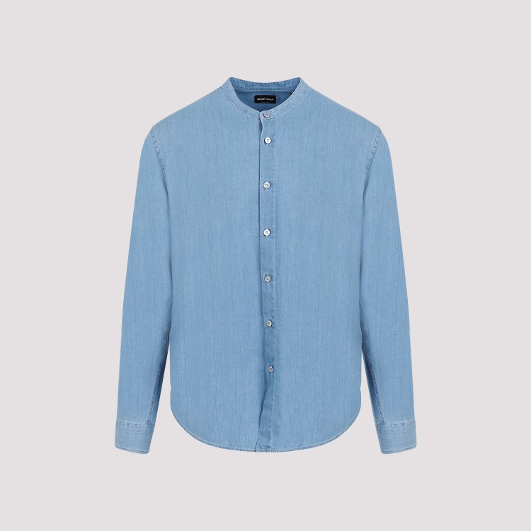 Shop Giorgio Armani Blue Bleach Denim Cotton Shirt