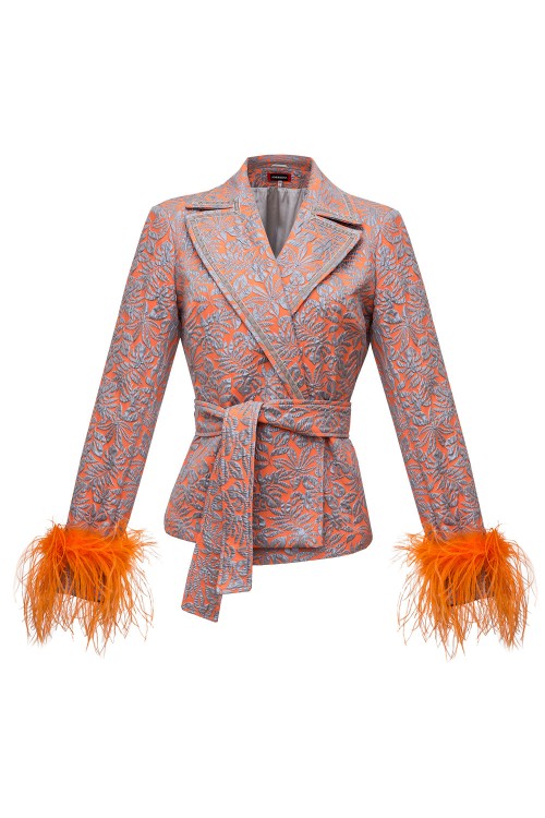 ANDREEVA ORANGE JACQUARD JACKET WITH DETACHABLE FEATHER CUFFS,ff846765-a628-1221-62d4-d85ee33a9082