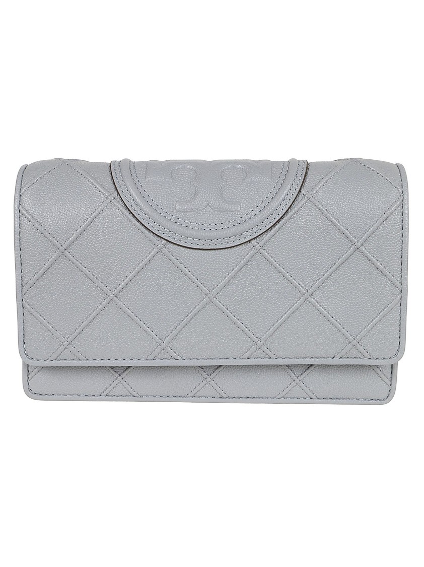 Tory Burch Soft Grained Chain Wallet With Woven Strap In Grey