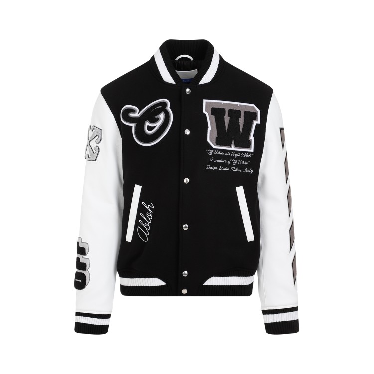 Shop Off-white Black Varsity Wool Leather Jacket