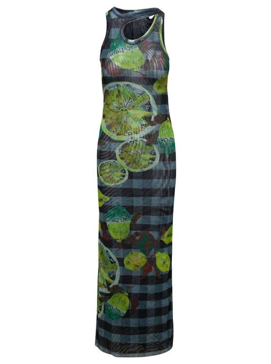 Ottolinger Long Multicolor Asymmetric Dress With Cut-out And Lemon Print In Mesh In Grey