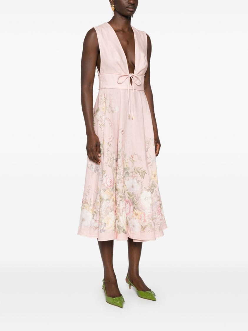 Shop Zimmermann Linen Dress With Floral Print And Adjustable Tie Waist In Neutrals