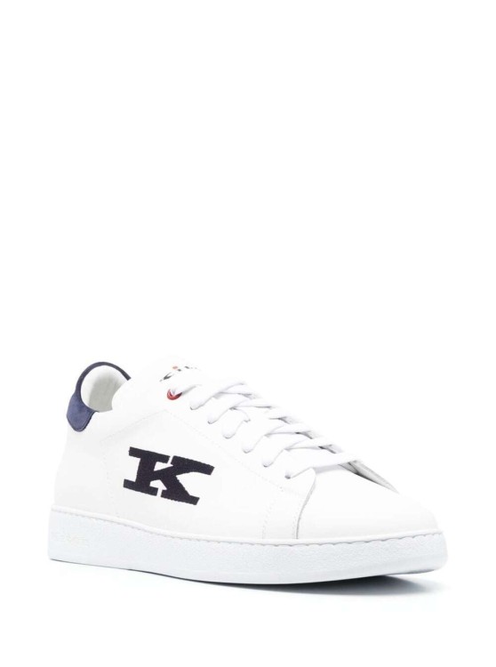Shop Kiton White And Blue Sneakers With Logo And Contrasting Stitching In Leather
