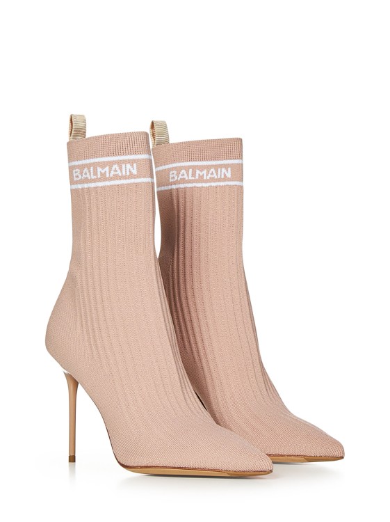 Shop Balmain Beige Stretch Knit Sock Ankle Boots In Pink