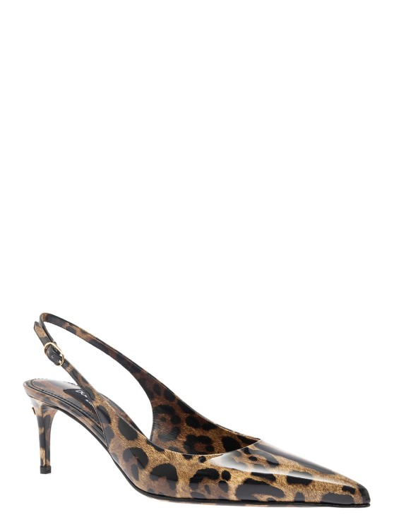Dolce & Gabbana Lollo' Brown Slingback Pumps With All-over Leo Print And Dg Patch In Shiny Leather