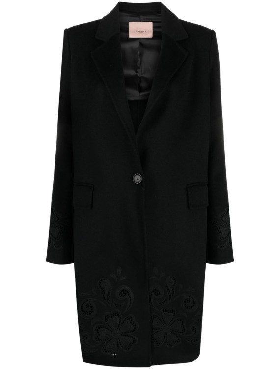 Twinset Floral-embroidered Single-breasted Coat In Black