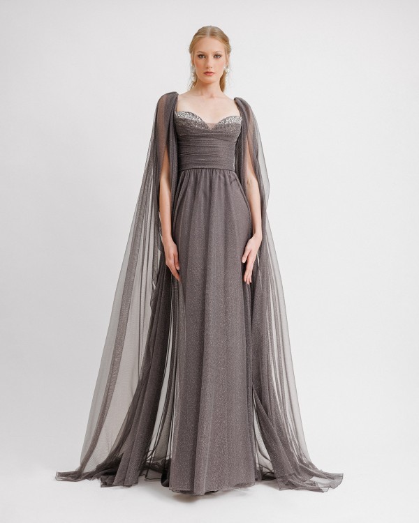 Shop Gemy Maalouf Beaded Heart-neckline Dress - Long Dresses In Grey