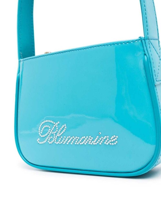 Shop Blumarine Light Blue- Patent Finish Mini Bag With Rhinestone-embellished Logo In Calf Leather