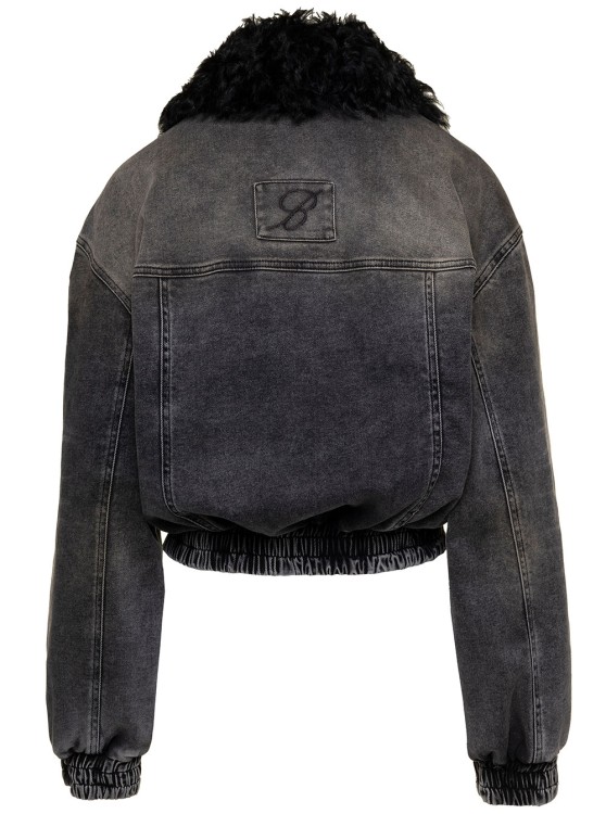 Shop Blumarine Black Jacket With Faux Fur Collar And Logo Embroidery In Stretch Cotton Denim In Grey