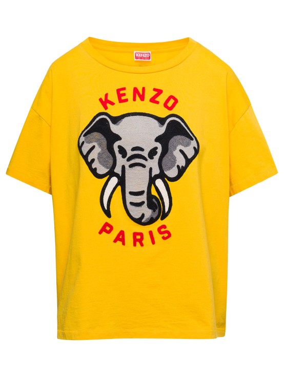 Shop Kenzo Yellow Oversize T-shirt With Elephant And Logo On The Chest In Cotton In Gold