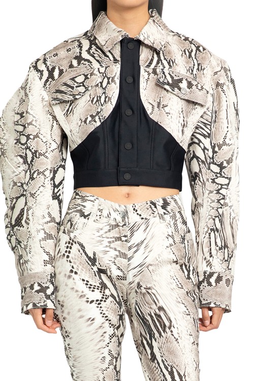 Mugler Snake Cropped Panelled Denim Jacket In Multicolor