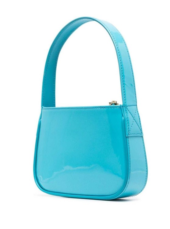 Shop Blumarine Light Blue- Patent Finish Mini Bag With Rhinestone-embellished Logo In Calf Leather
