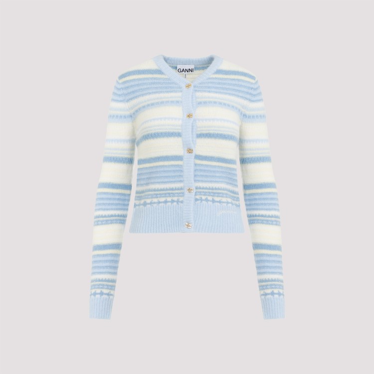 Shop Ganni Stripe Light Blue Soft Wool Cardigan