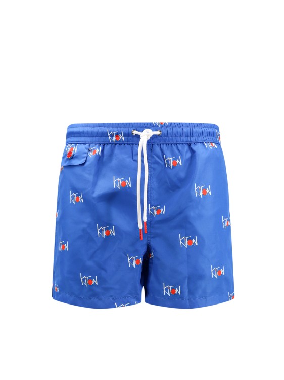 Shop Kiton Nylon Swim Trunk With All-over Logo In Blue