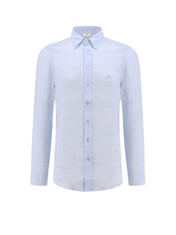 Shop Etro Linen Shirt With Embroidered Pegaso Logo In Blue