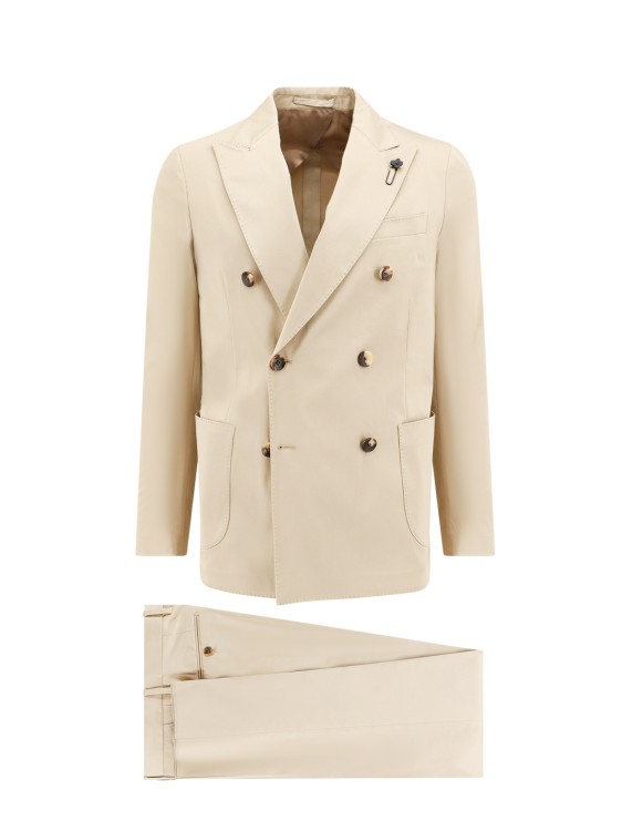 Shop Lardini Stretch Cotton Suit With Iconic Brooch In Neutrals