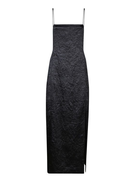 Shop Ganni Midi-length Crinkled Satin Dress With Thin Straps In Black