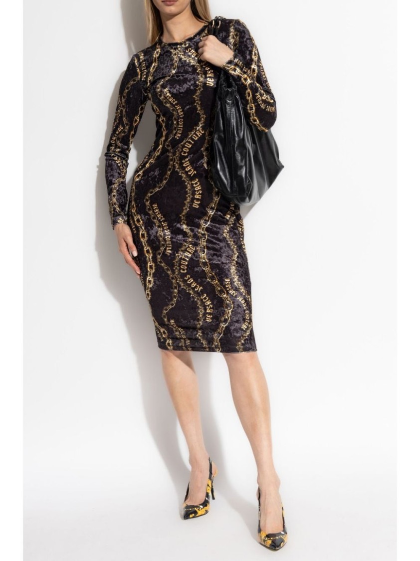 Versace Jeans Couture Black Chain Couture Velvet Midi Dress In Black