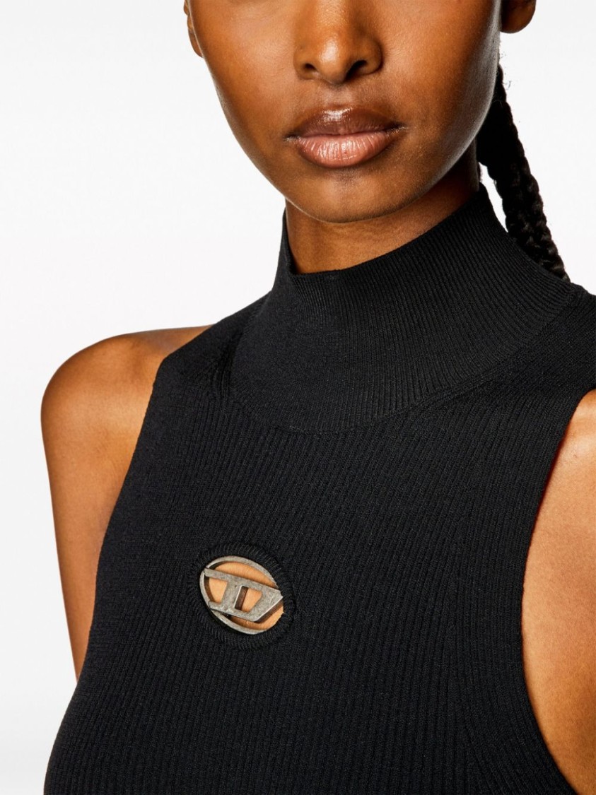 Shop Diesel Sleeveless Ribbed Dress With High Neck And Iconic Logo Detail In Black