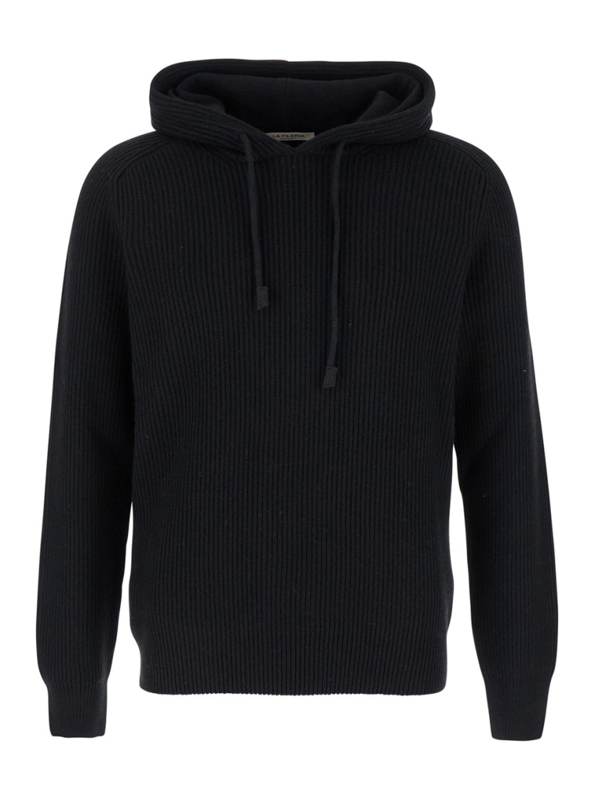 Shop La Fileria Ribbed Hoodie With Adjustable Drawstring In Black