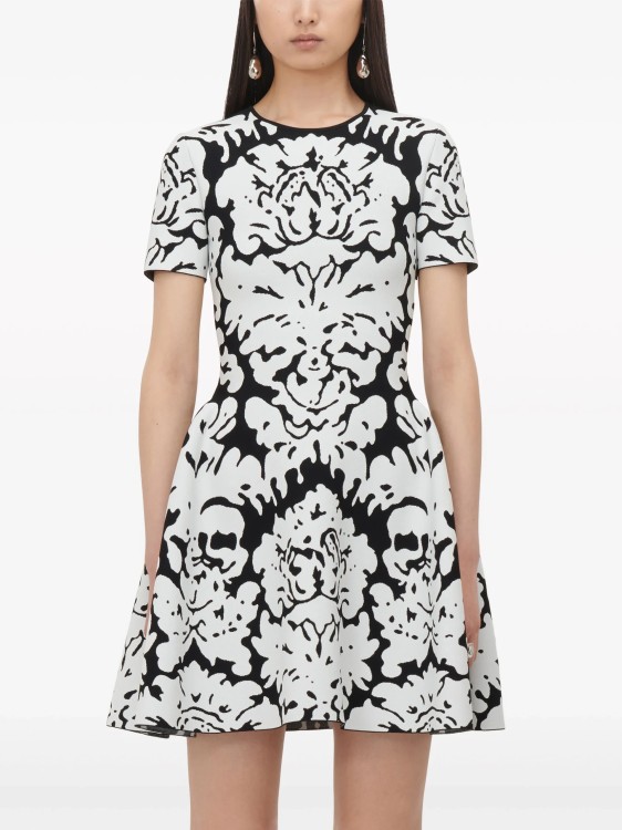 Shop Alexander Mcqueen White/black Damask Jacquard Mini Dress