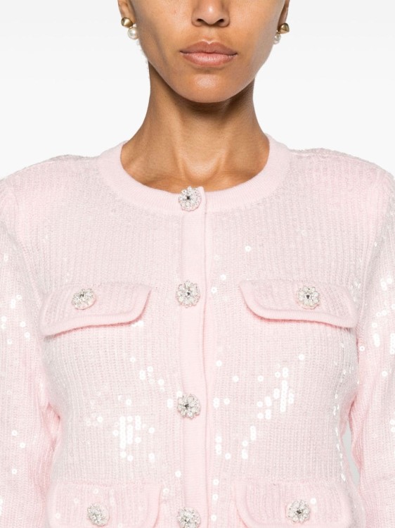 Shop Self-portrait Sequin-embellished Ribbed-knit Cardigan In Pink