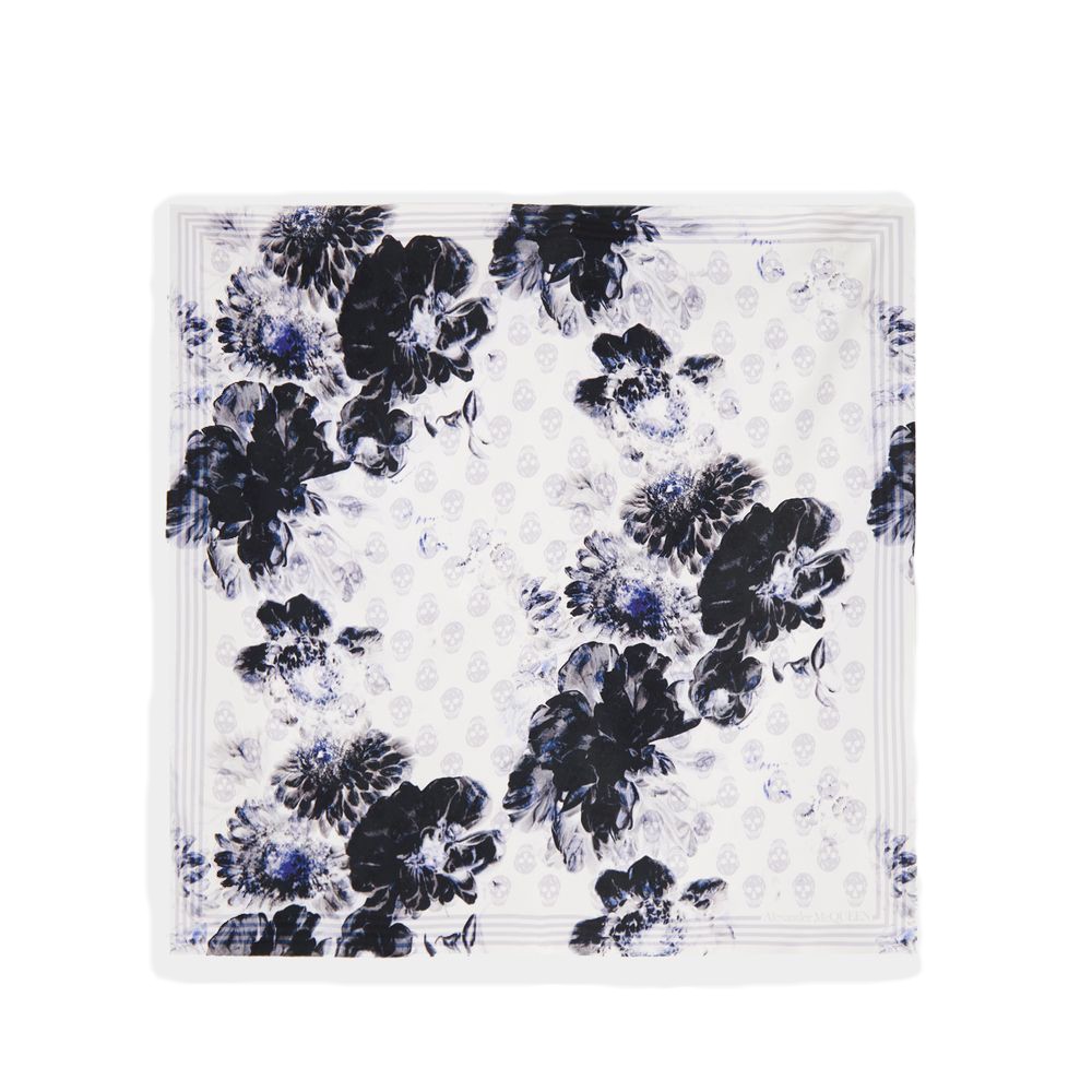 Alexander Mcqueen Silk Foulard With Chiaroscuro Floral Motif In White