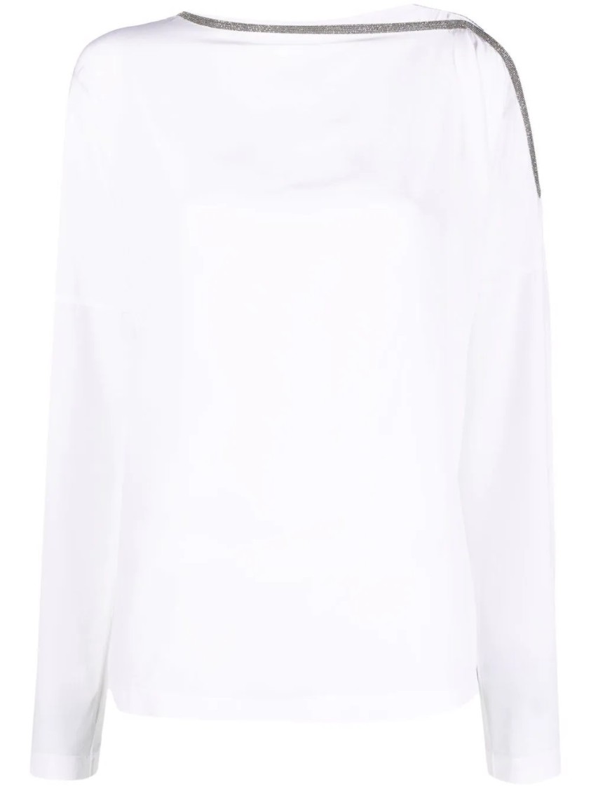 Brunello Cucinelli Long-sleeve White Knit Top With Unique Shoulder Detail In White