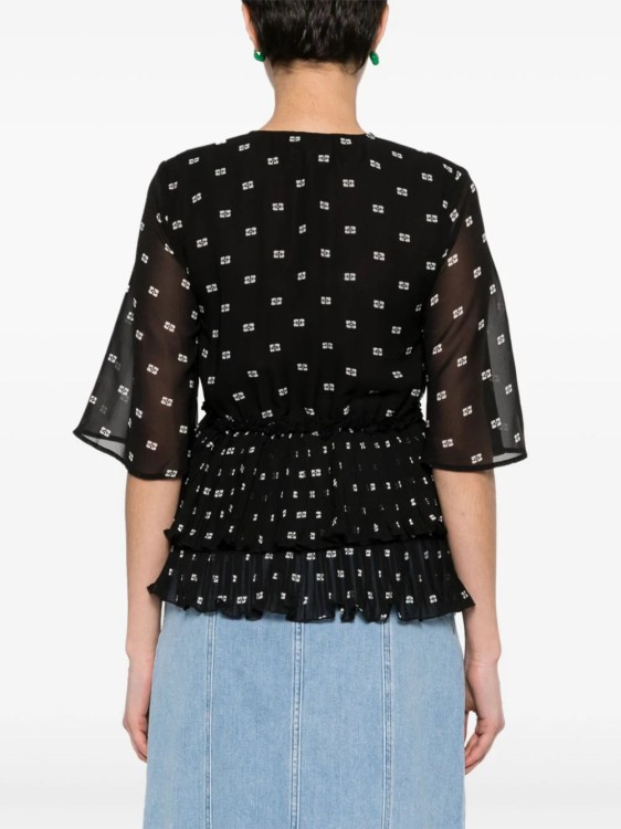 Shop Ganni Graphic-print V-neck Pleated Blouse In Black