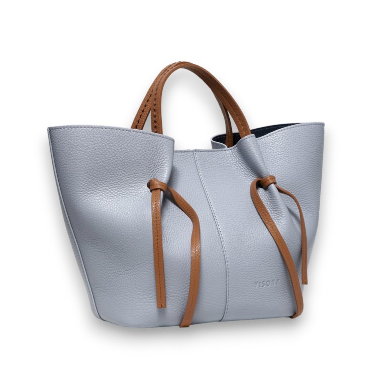 Shop Plinio Visona' Two-handled Shopping Bag With Leather Shoulder Strap In Light Blue Leather