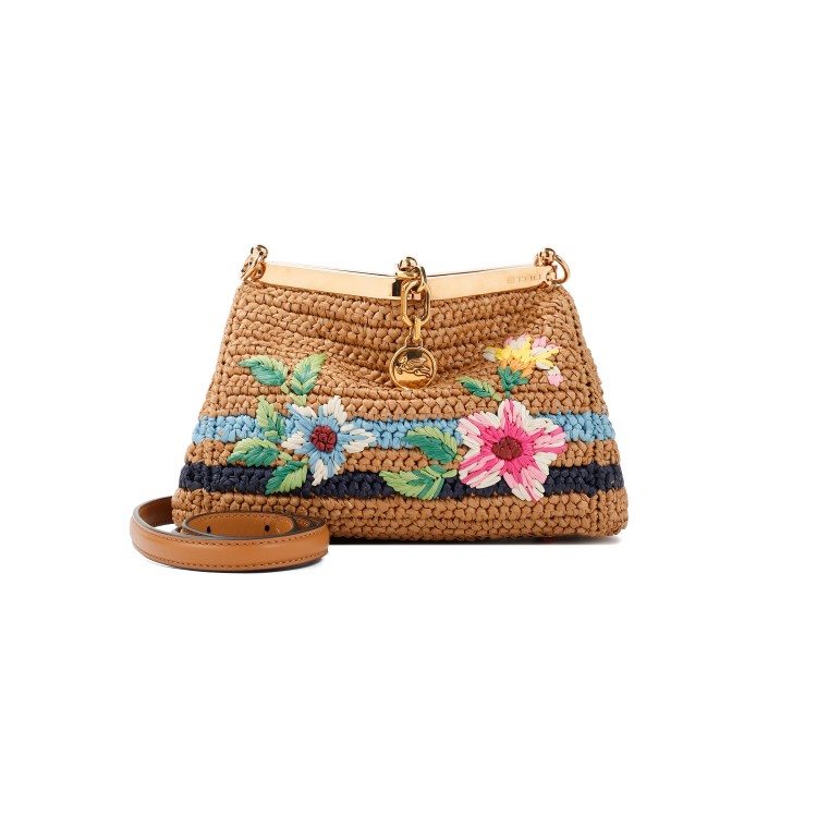 Shop Etro Embroidered Vela Camel Raffia Handbag In Brown
