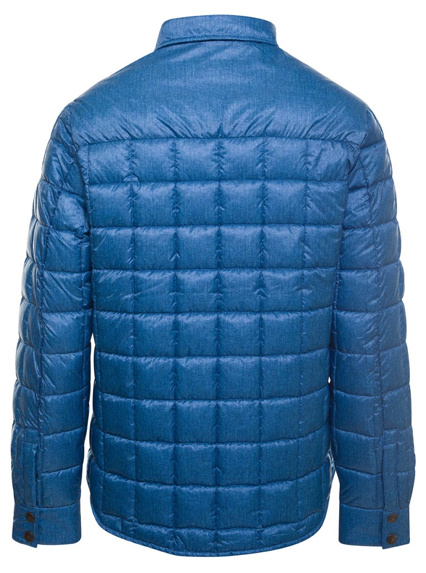 Shop Save The Duck Blue Quilted Down Jacket With Logo Patch In Denim Printed Nylon