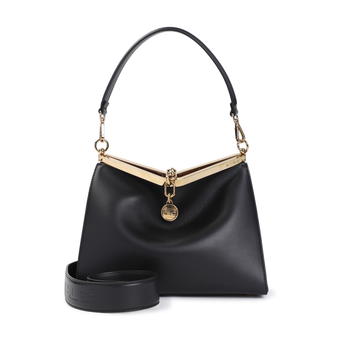 Etro Navy Blue Leather Medim Vela Top Handle Bag In Black
