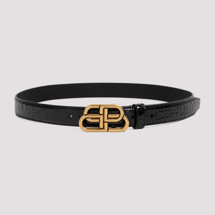 Balenciaga Crocodile Texture Belt With Gold-tone Interlocking Buckle In Black