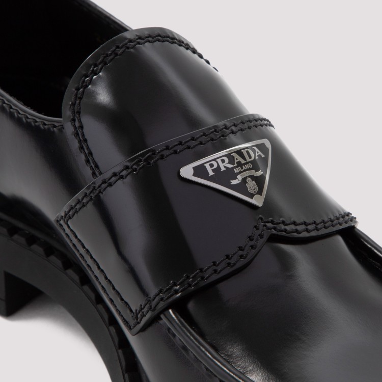 Shop Prada Black Brushed Leather Loafers
