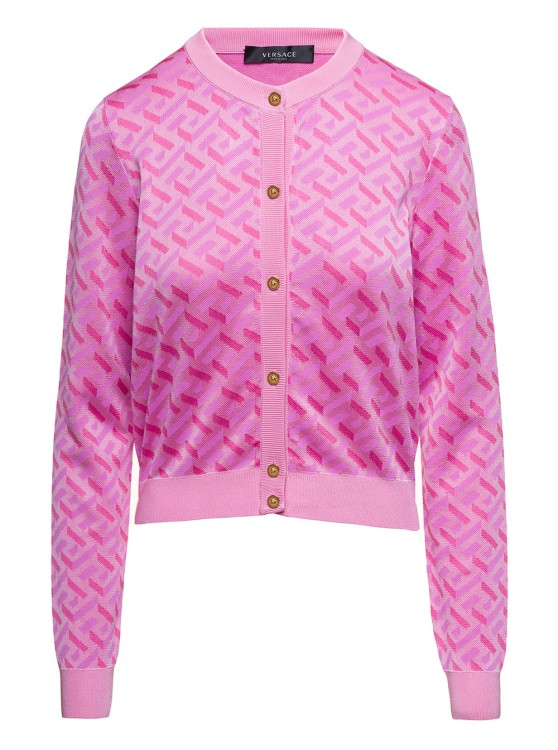 Shop Versace Pink La Greca Monogram Cardigan In Silk Blend