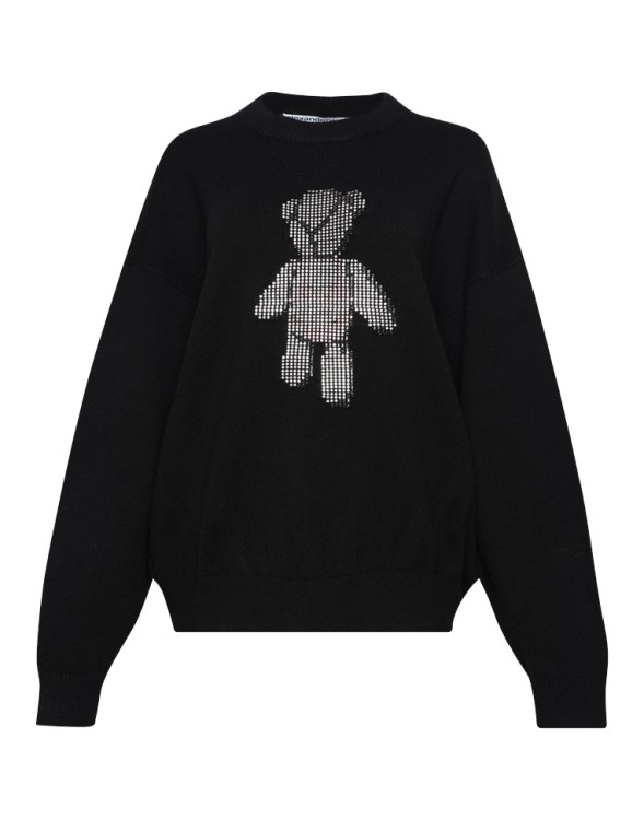 Alexander Wang Crystal Embellished Bear Wool Knit Crewneck Sweater In Black