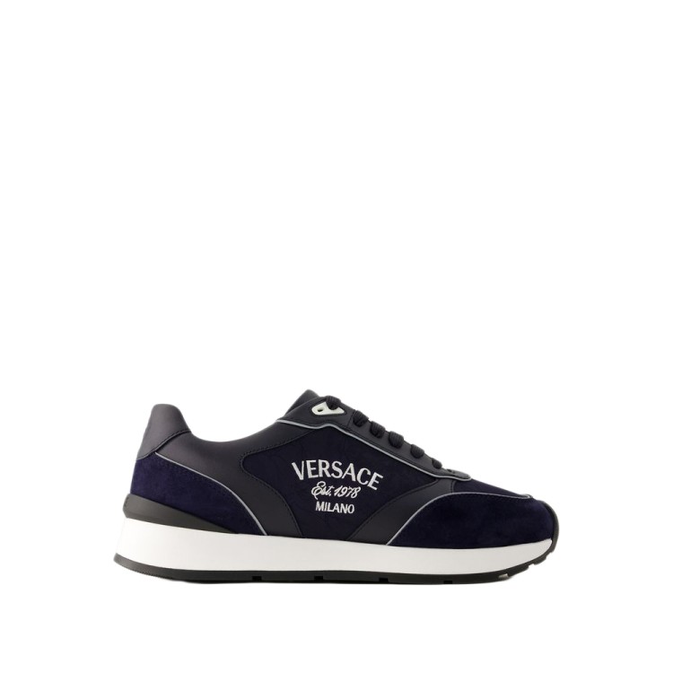 Shop Versace New Runner Sneakers - Leather - Blue Navy In Black