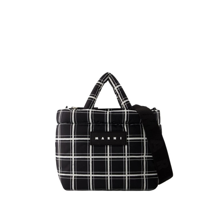 Shop Marni Ew Nylon Print Tote Bag - Leather - Black