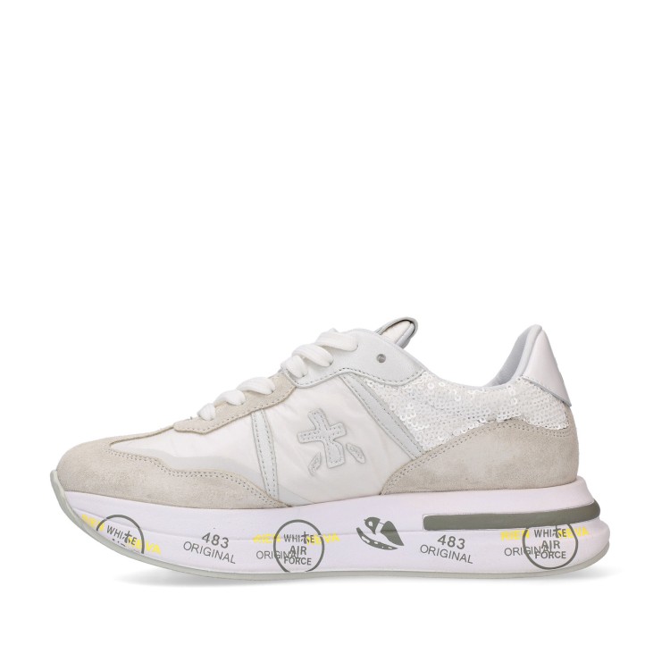 Premiata Cassie Sneakers In Light Gray Suede And White Fabric And Sequins In Grey