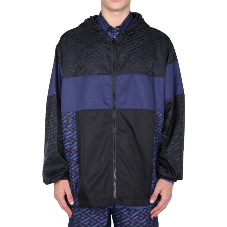 Shop Versace Hooded Windbreaker Jacket In Blue