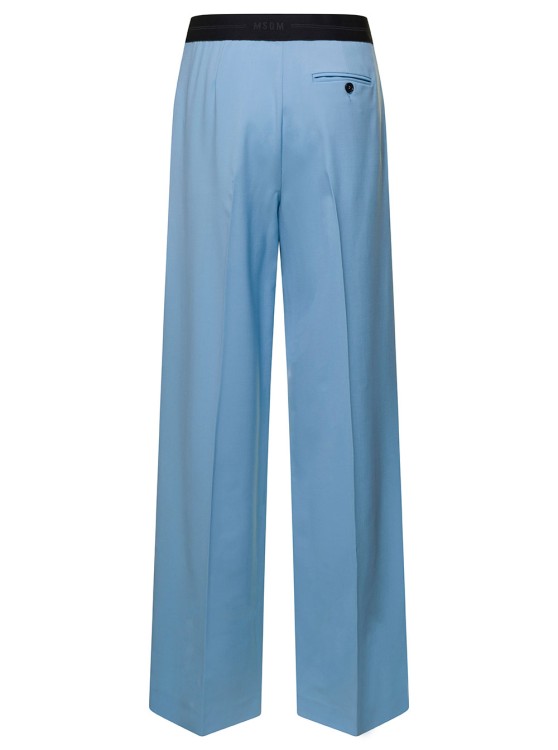 Shop Msgm Light Blue Wide Leg Trousers With Logo Waistband In Wool